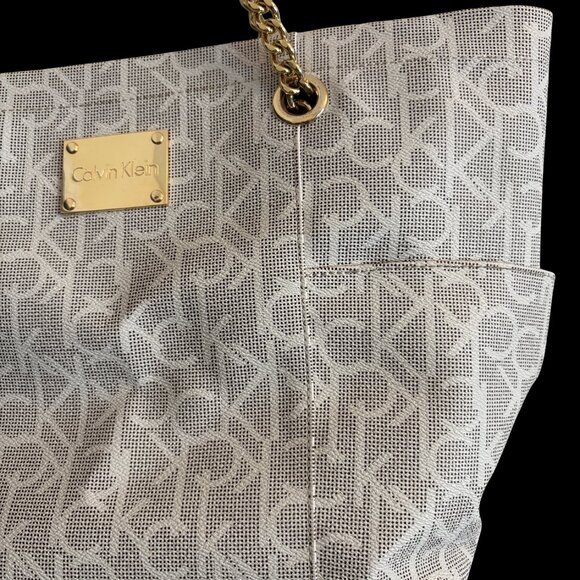 Calvin Klein CK Large Designer Purse Chain Tote White Tan Logo Monogram Hayden L - Picture 7 of 12